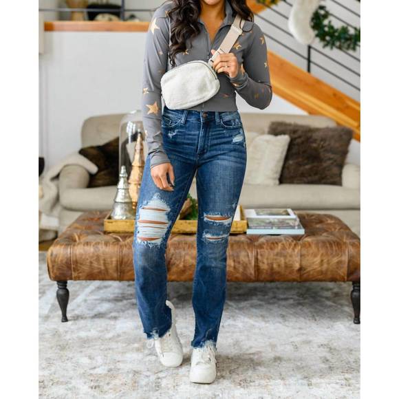 NEW JUDY BLUE high contrast slim bootcut destroyed jeans in dark wash - Picture 5 of 5